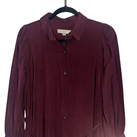 LOFT Burgundy Pleated Tie Waist Midi Shirtdress Size 6P NWT - Picture 5 of 10